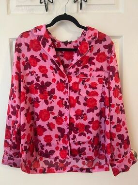 LOFT:Satin Pink Button-Down Shirt with Red Floral Print PJ’s